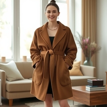 双面呢羊毛大衣水波纹中长款西装领系带百搭气质时尚宽松毛呢外套