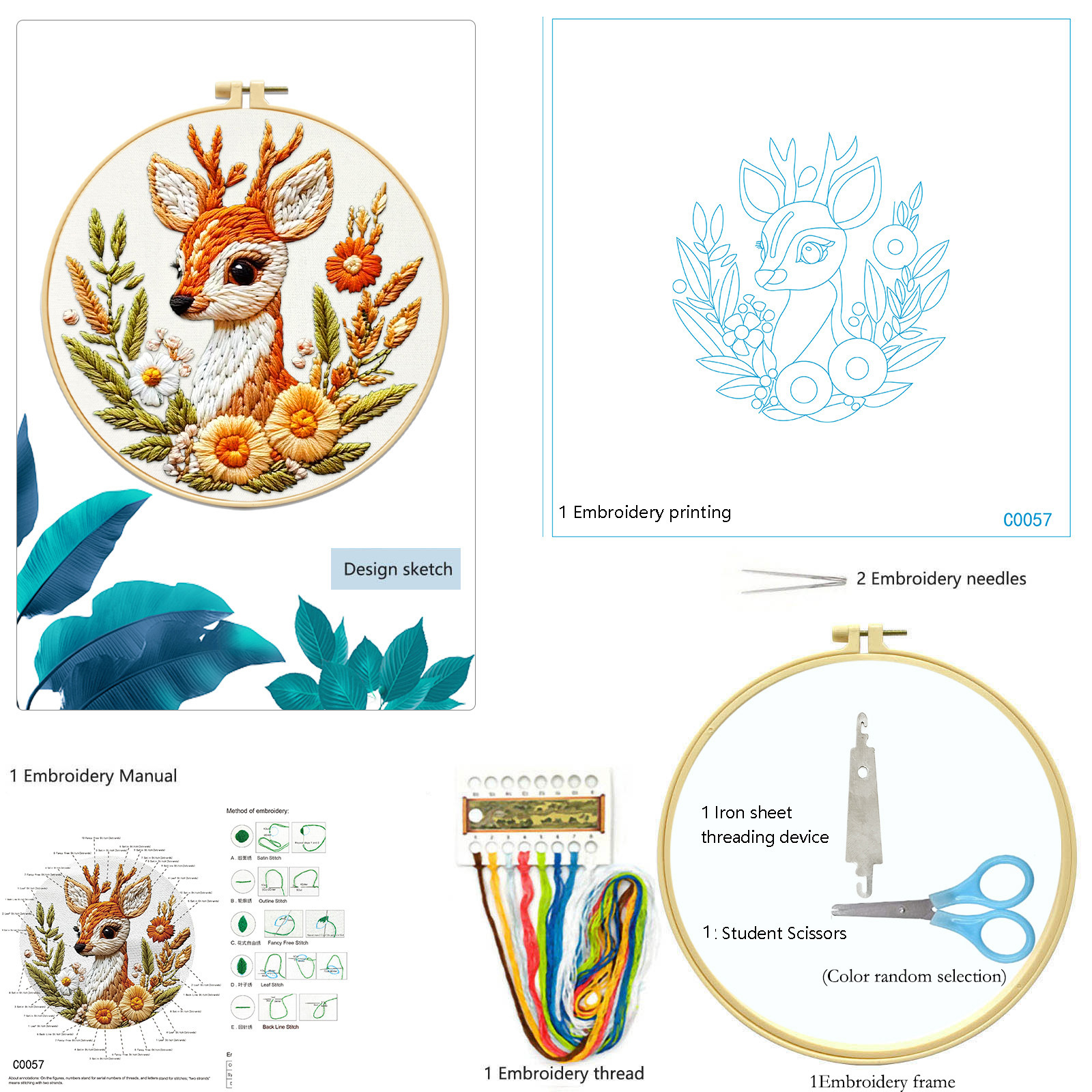 Compre un pequeño alce lindo y obtenga 1 bordado, 1 pasador de agujas, 1 tijera