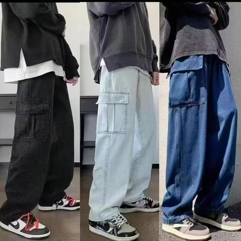 跨境日系不系双立体口袋水洗做旧休闲直筒宽松质感斜纹牛仔裤男款