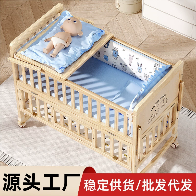 Детская кроватка-манеж из массива дерева, без покраски, многофункциональная, для новорожденных, передвижная, с возможностью расширения, большая кровать
