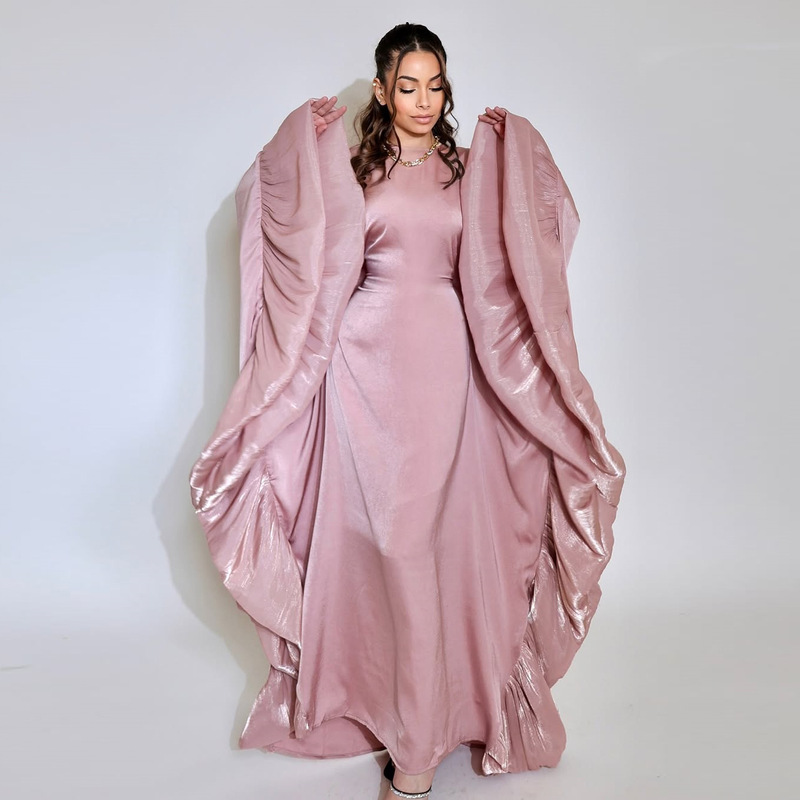 Mq201 Fashionable Batwing Sleeve Robe, Elegant Satin Waist-Cinching Robe with Large Sleeves, Kaftan