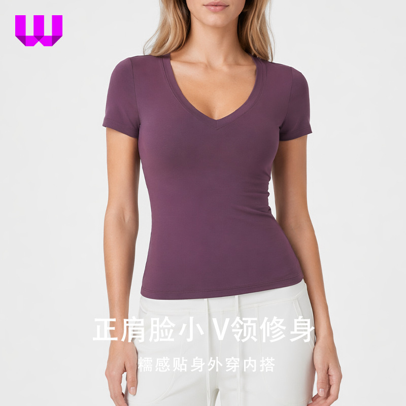 Summer Spicy Girl V-Neck Slim-Fit Short-Sleeve Top Versatile Heart-Shaped Neckline Tight-Fitting Regular Shoulder Yoga Short-Sleeve Sports Base Shirt