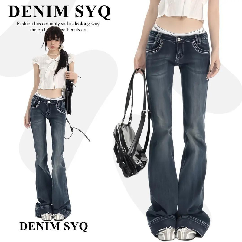 Yi Mengling's same style dark blue washed micro-flare jeans for women, 2026 summer ultra-low-waist slim-fit floor-length pants Yi Mengling's same style dark blue washed micro-flare jeans for women, 2026 summer ultra-low-waist slim-fit floor-length pants