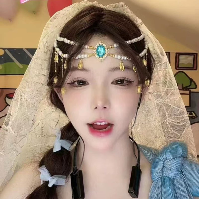 Ретро головной убор в этническом стиле экзотическая кисточка жемчуг цепочка на лоб богемный цветок повязка для волос ожерелье двойного назначения