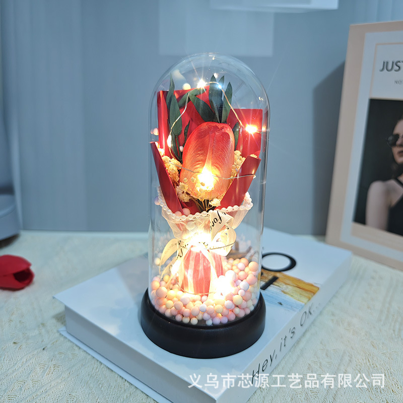 母の日 バレンタインデー ギフト バラ カーネーション チューリップ ソープ ガラス カバー ランプ 完成した花束 不滅の花|undefined