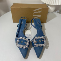New pointed rhinestone buckle blue denim high-heeled shoes with a back strap and a casual slim heel sandals for women