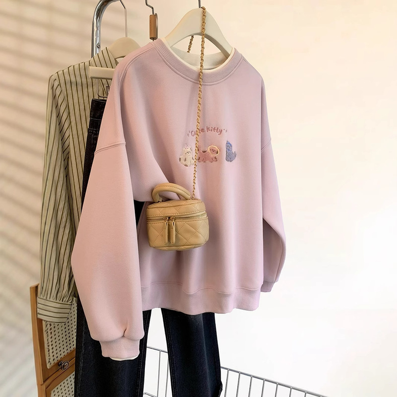 Pink Fake Two-piece Crewneck Shoulder Hoodie Women's Autumn and Winter 2024 New Explosions fleece-lined Thickened Loose Top Pink Fake Two-piece Crewneck Shoulder Hoodie Women's Autumn and Winter 2024 New Explosions fleece-lined Thickened Loose Top