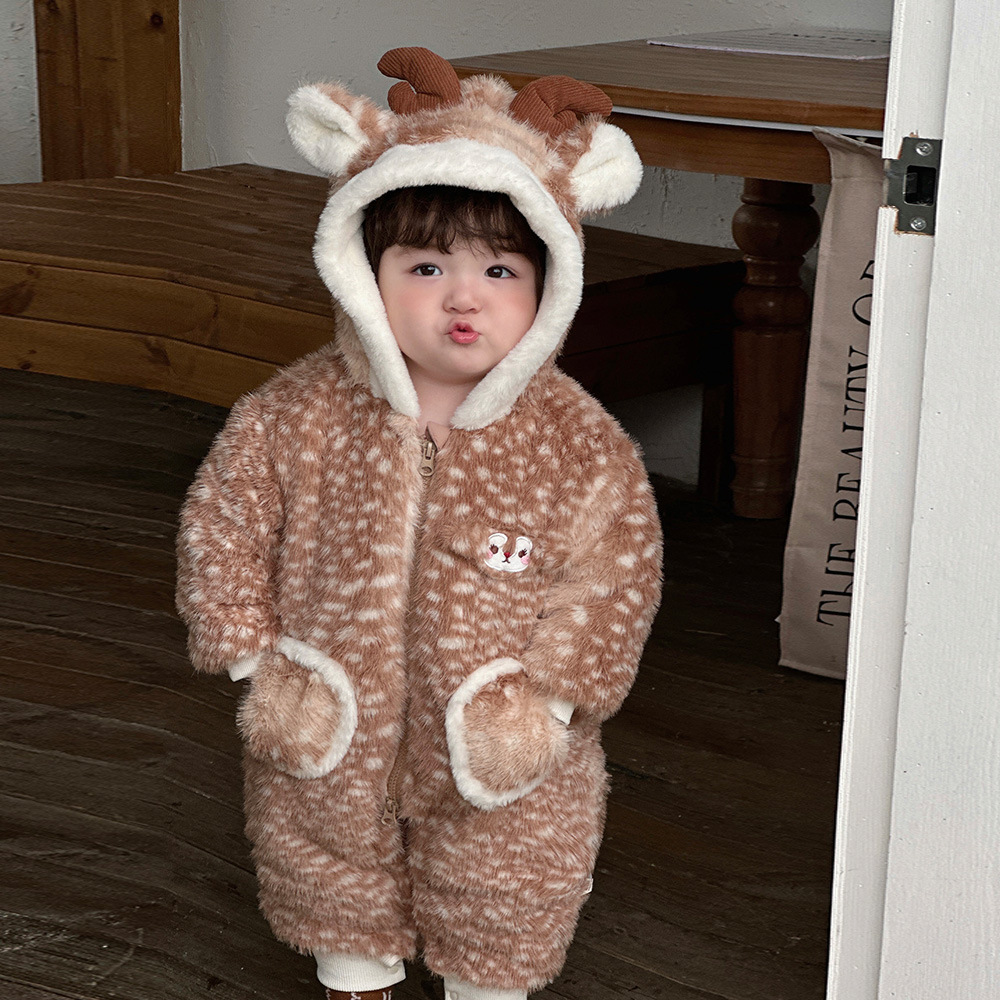 Mono de Felpa para Bebé Niño, Diseño de Ciervo, Grueso, Cálido, Cómodo, Suave y Elegante, Invierno 2025