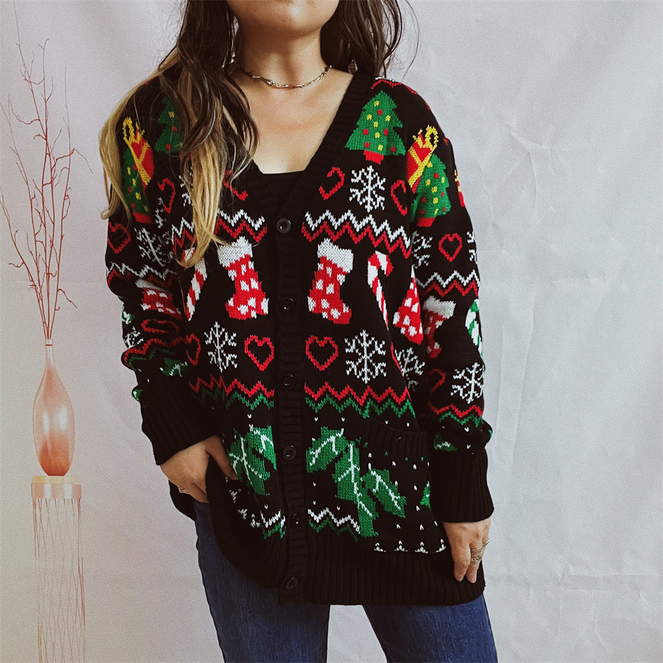 2023 transfronterizo Amazon otoño e invierno nuevo Nuevo Año nuevo suéter de un solo pecho con cuello en V tema navideño suéter de punto cardigan