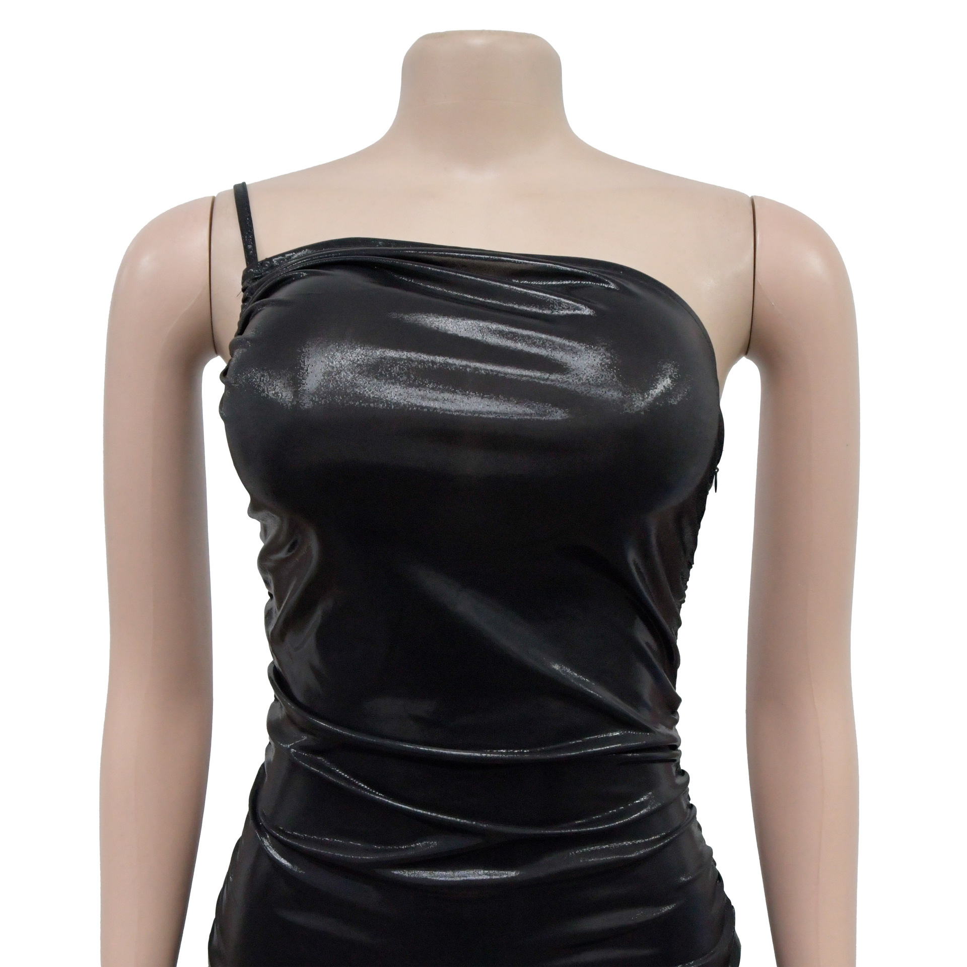 Metallic Coated Fabric Women Wear Solid Color Sexy Sling Diagonal Collar Pleating Dress 15 Metallic Coated Fabric Women Wear Solid Color Sexy Sling Diagonal Collar Pleating Dress