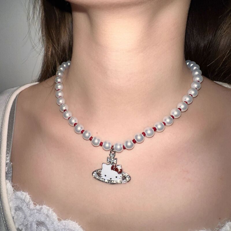 Saturn Kt Cat Pearl Necklace Female Niche Design Y2K Sweet Cool Sexy Clavicle Chain Trendy Men's Neck Necklace Accessories