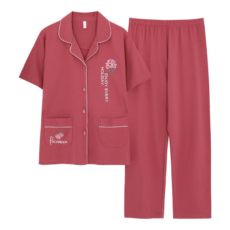 Pijama de algodón para mujer Pantalones de manga corta de verano más traje de chaqueta de mediana edad y madres de edad avanzada