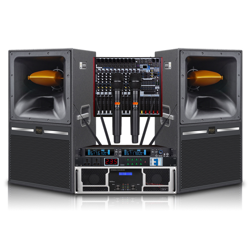 Conjunto de audio profesional de tres bandas de 15 pulgadas, concierto de ópera, escenario al aire libre, altavoz, rodillo móvil