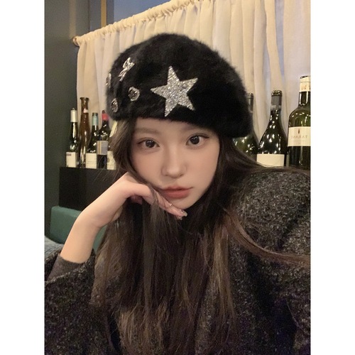 Handmade rabbit fur rhinestone plush beret women's autumn and winter fashion painter hat backward wear forward hat