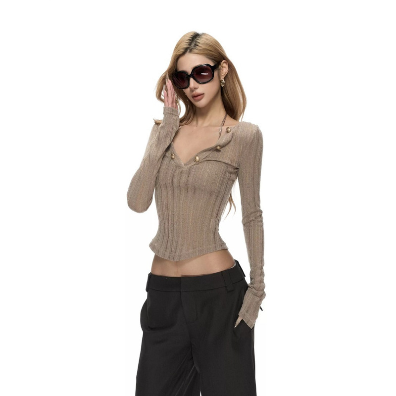 Fanptnto shiny khaki metallic buckle V-neck sexy hollow ribbed knit top for women, stretchy base layer 10773 Fanptnto shiny khaki metallic buckle V-neck sexy hollow ribbed knit top for women, stretchy base layer 10773