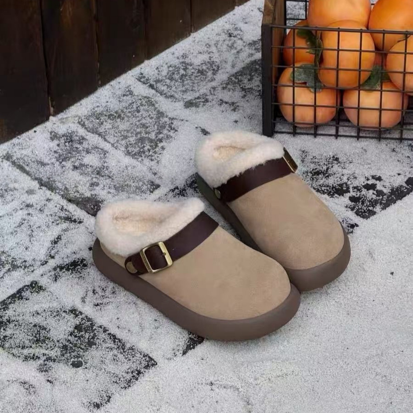 Zoccoli da donna foderati in pelliccia sintetica - Scarpe invernali slip-on con suola spessa, punta rotonda e interno in pile caldo per un comfort casual. Scarpe in cotone_voghion.com