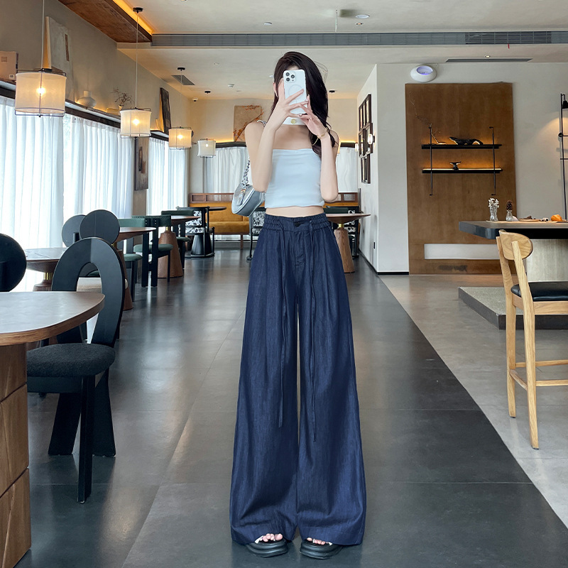 美式复古设计感抽绳水洗牛仔裤女夏季宽松直筒裤阔腿裤长裤拖地裤|undefined