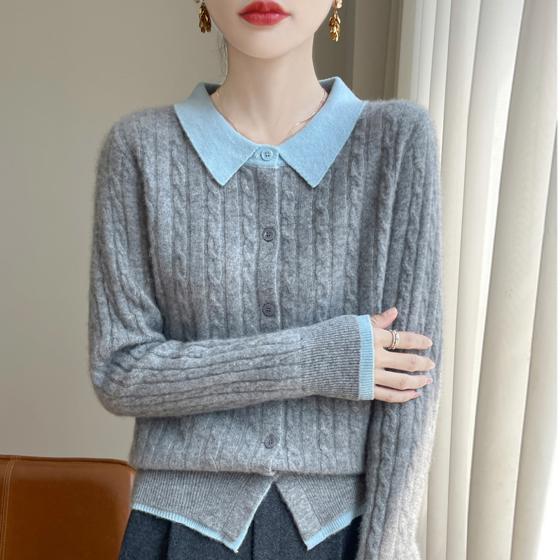 Wholesale factory wholesale POLO collar small twist short color matching knitted cardigan women's new pullover sweater base shirt