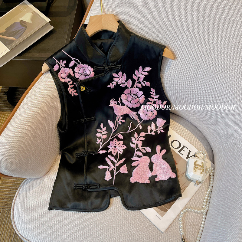 2023 Summer Chinese Style National Style High-end Black Vest Button Embroidered Acetic Acid Satin Top Women's Tang Suit Mandarin Jacket