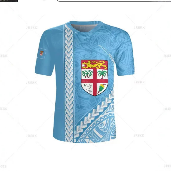 Republic of Fiji Flag 3D Printed V-Neck T-Shirt, Fiji Rugby Jersey Emblem Pattern, Men's V-Neck Republic of Fiji Flag 3D Printed V-Neck T-Shirt, Fiji Rugby Jersey Emblem Pattern, Men's V-Neck