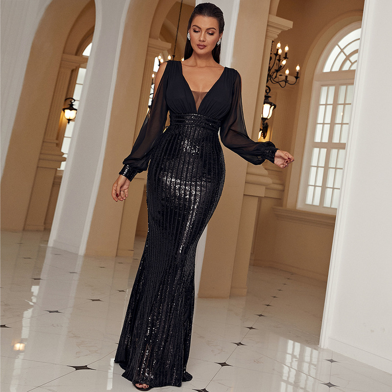 Europa y América transfronteriza V-cuello Hepburn estilo manga larga noble largo elegante señora Luz de lujo fishtail lentejuelas vestido de noche