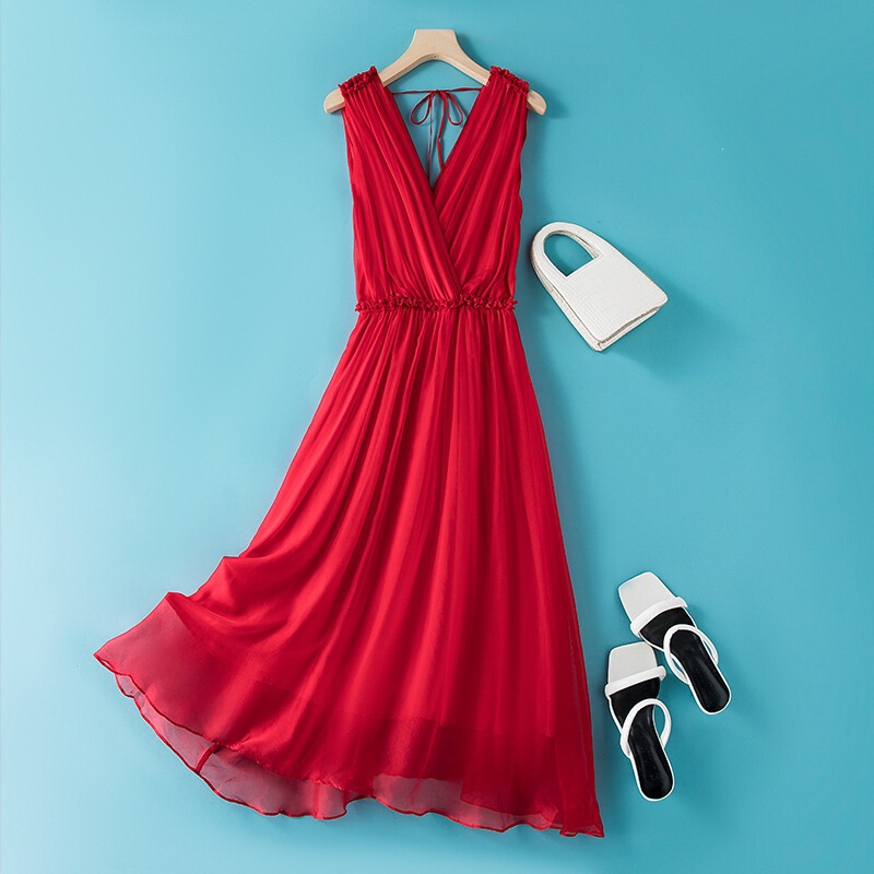 Silk Supply Gentle Style Travel V-Neck Fairy Long Dress Mulberry Silk Vacation Seaside Dress Women Summer Live Broadcast