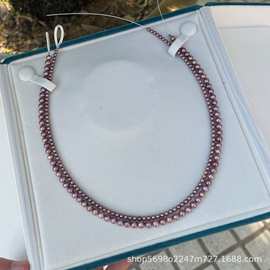 3-4mm 双层紫色小米珠项链 搭配纯银双排扣子 正圆基本无瑕