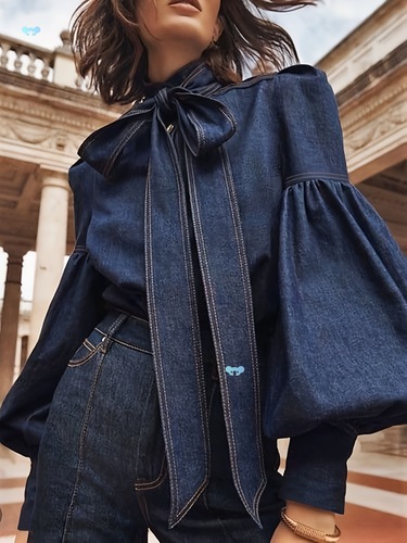 Women Fashion Bow Design High Neck Blouses 2024 New Spring