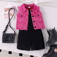26亚马逊欧美春夏新款女童无袖单排扣玫红色牛仔外套吊带短裤套装