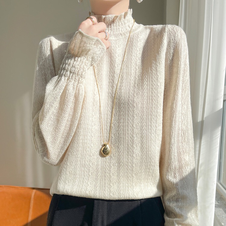 Lace Thin Base Shirt Women's 2024 Spring and Autumn New Half Turtleneck Sweater Hollow Root Yarn Knitted Wool Top