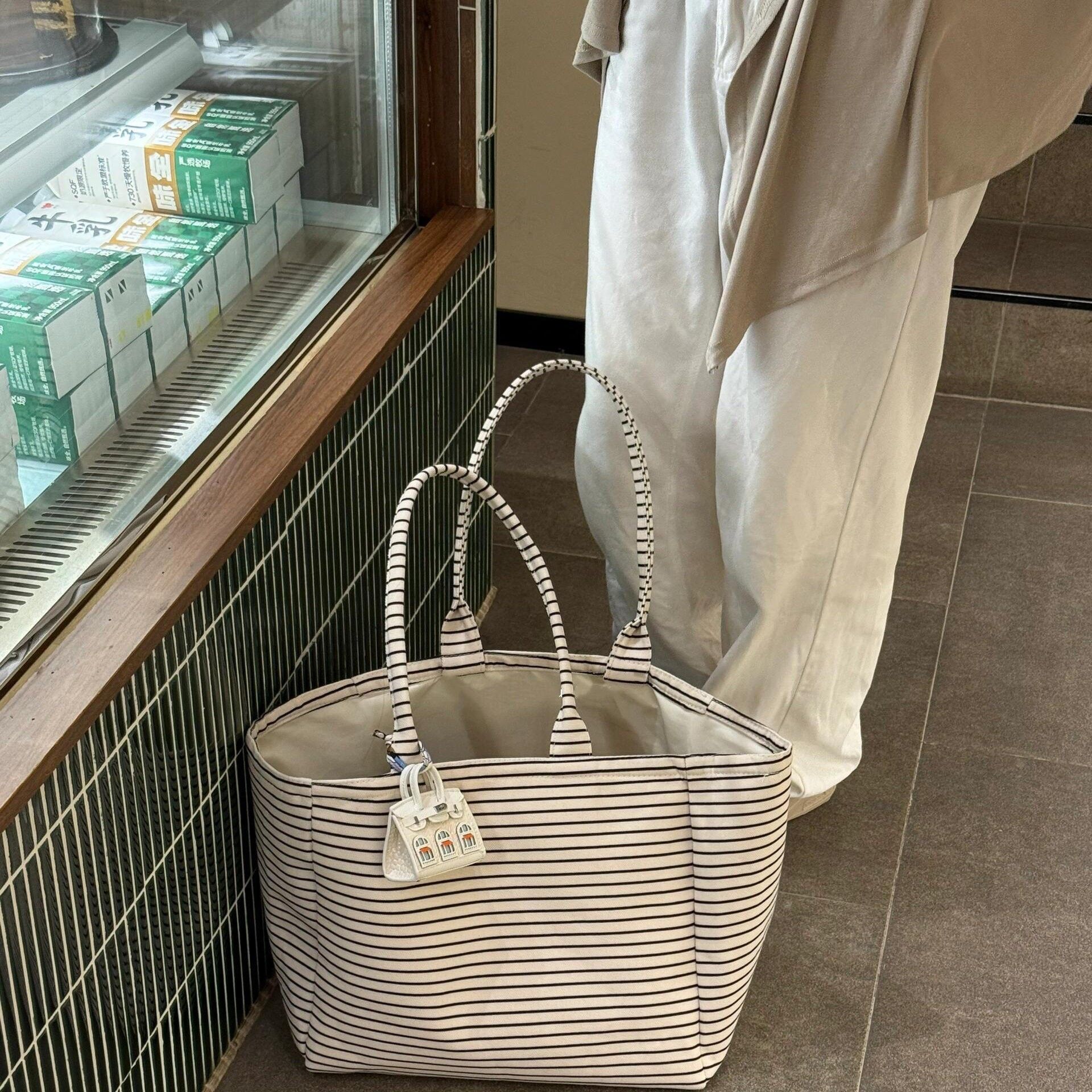 Korean Style High-Appearance Striped Canvas Tote Bag Large Capacity New Model Commute Handbag Single Shoulder Bag Women Shopping Bag