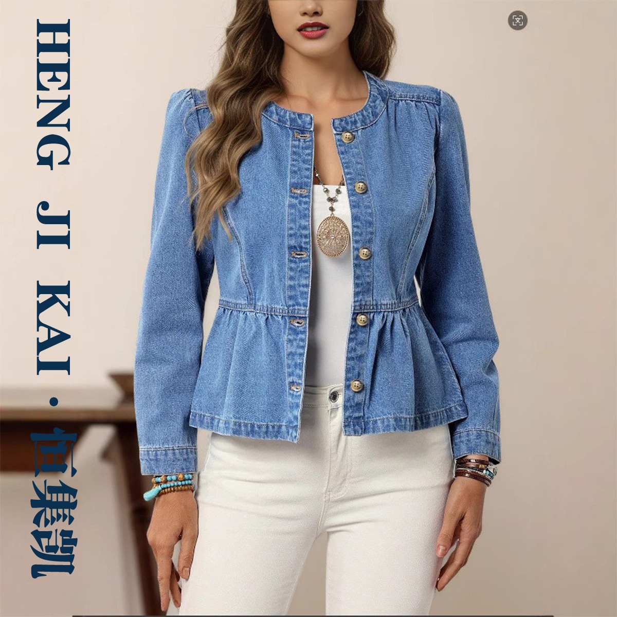2026 Autumn New Solid Color Denim Shirt for Women, European and American Casual Versatile Pullover Round Neck Puff Sleeve Top for Women