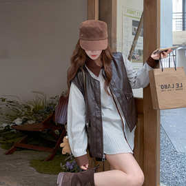 巨好看皮衣马甲条纹衬衫短裤套装女春秋小个子三件套今年流行爆版