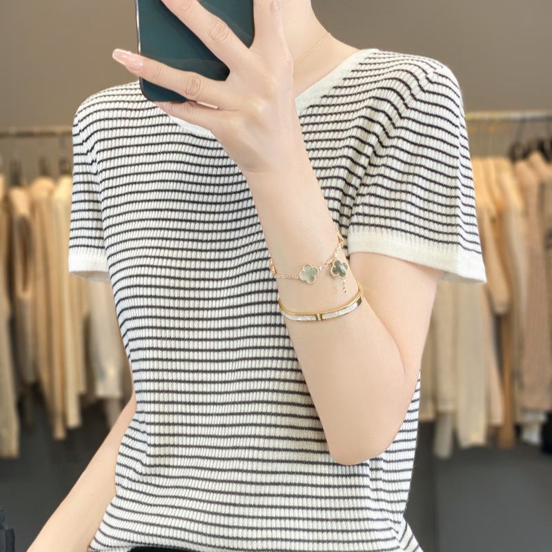 Retro knitted summer thin elastic design short sleeve T-shirt