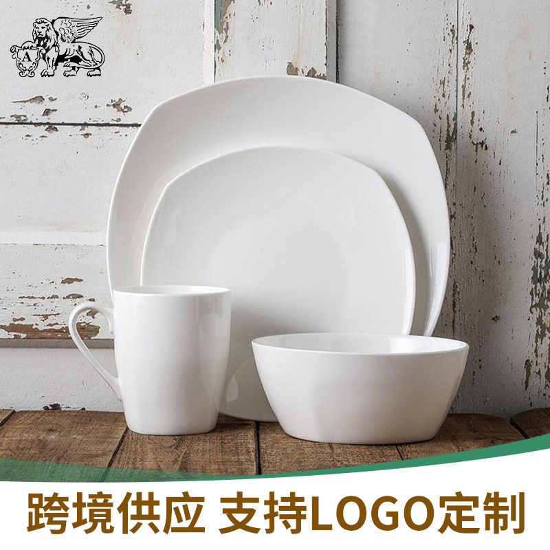 Vajilla cuadrada de porcelana blanca transfronteriza, cuenco y plato de porcelana de hueso de alta gama, juego para restaurante occidental, personalizable para comercio exterior image 3