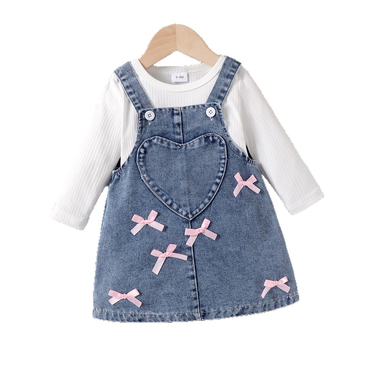 Spring Autumn Ribbed Long Sleeve Cute Bow Denim Set Toddler Girls Overall Dress Two Pieces_voghion.com