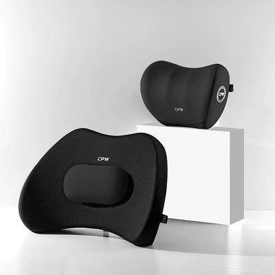 Waist support: Waist Cushion Waist Pillow Car - black-adjustable-headrest-lumbar-set