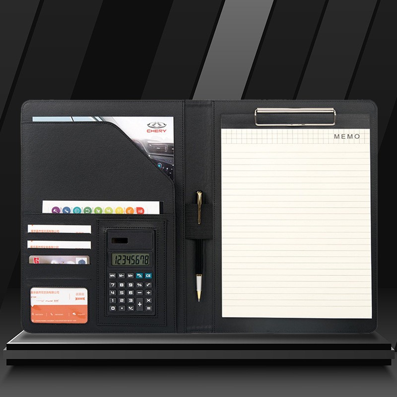 A4 파일 폴더 가죽 비즈니스 매니저 클립 계산기 지퍼 클립 사무용품 다기능 파일 맞춤형 로고