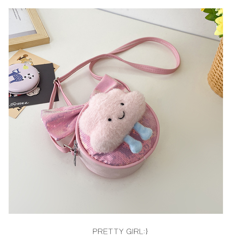 Kid'S Small Pu Leather Clouds Bow Knot Cute Sequins Round Zipper Crossbody Bag display picture 21