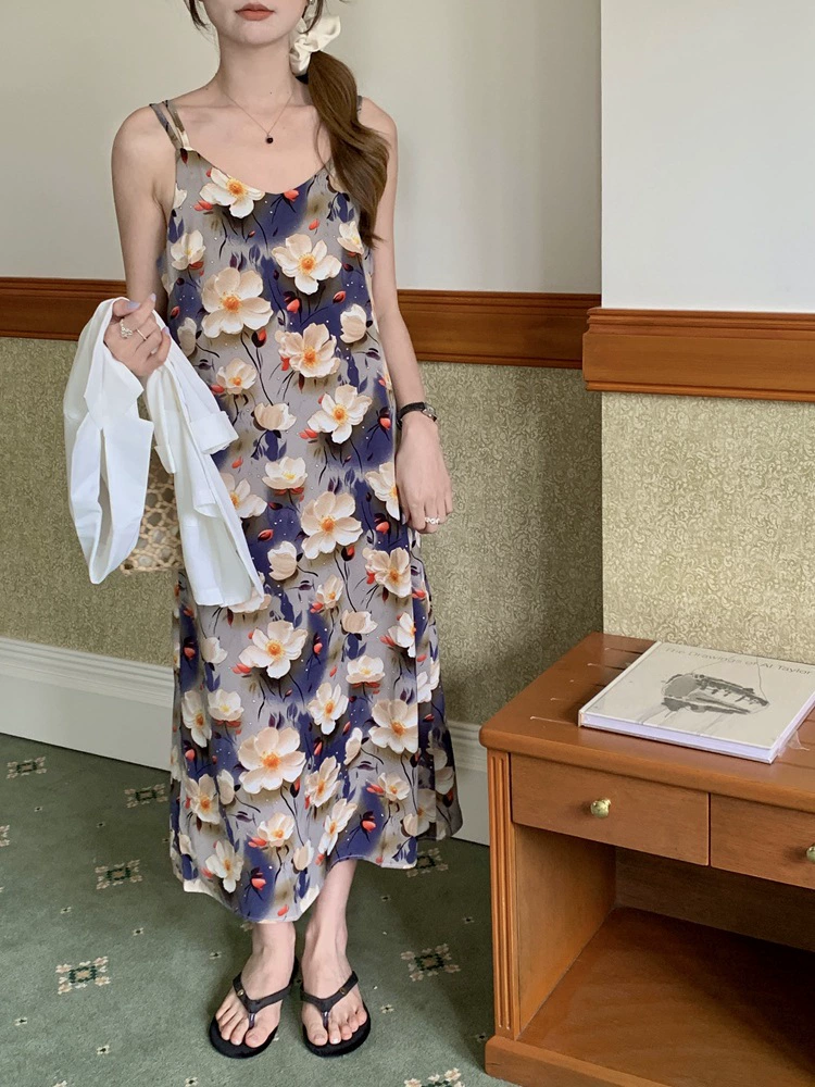 Легкое роскошное ацетатное атласное лотосовое платье с лунным принтом подтяжка женская французская ниша с V-образным вырезом