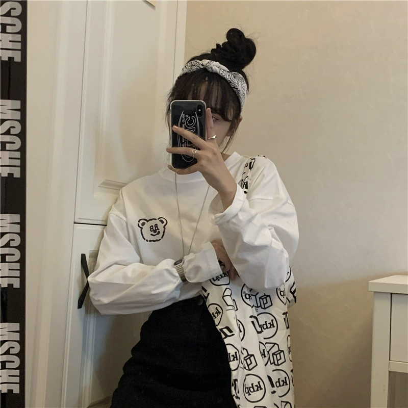 Новый печатный школьный стиль свободный повседневный дикий милый медведь хлопчатобумажная футболка с длинными рукавами