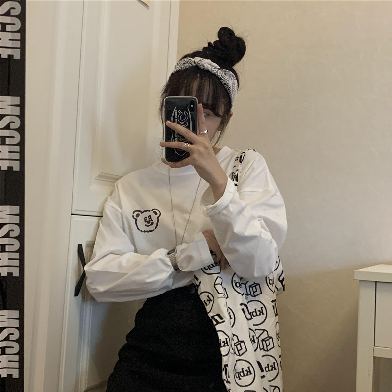 New Style Printed Academy-style Loose Casual All-match Cute Bear Pure Cotton Long-sleeved T-shirt Women's Base Shirt Top Trendy