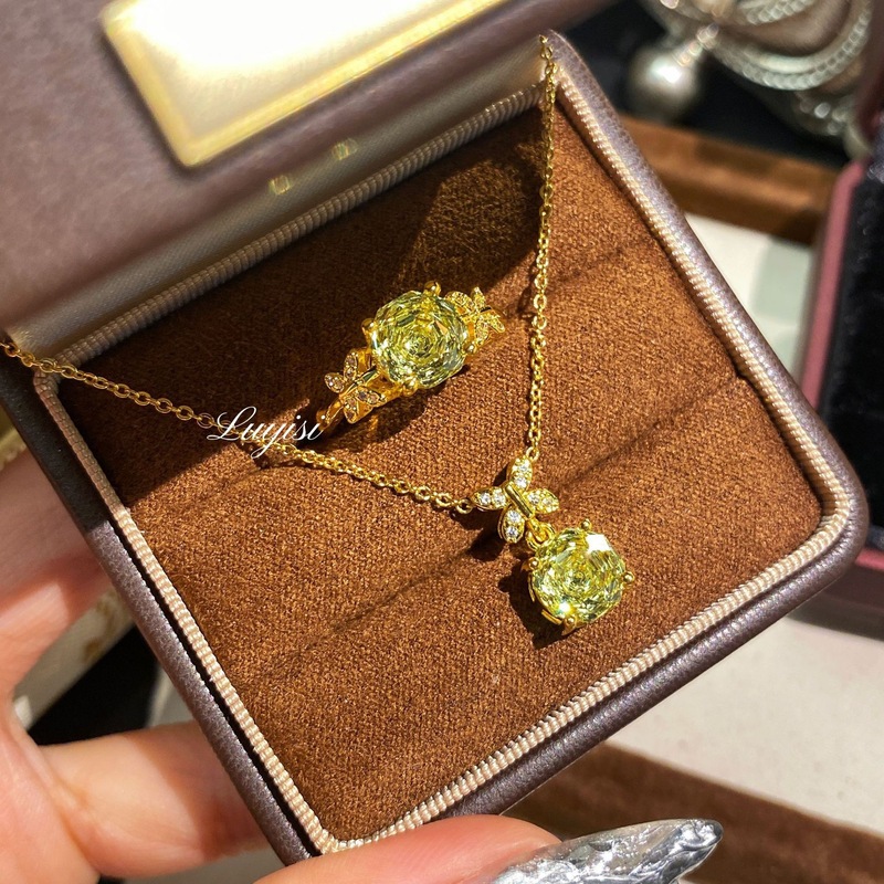 八角千禧玫瑰切帕拉伊巴项链女轻奢高碳钻蝴蝶戒指紫钻黄金色套装|undefined