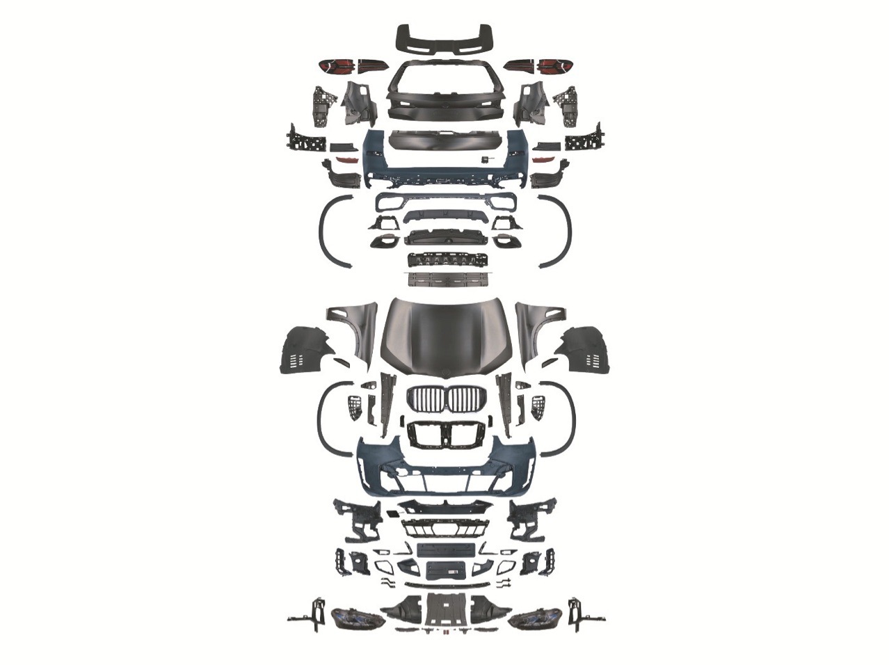 Suitable for BMW X5, converting the older E70 model to the 2023 X5M/MT style, including front and rear bumpers, headlights, taillights, and a complete body kit
