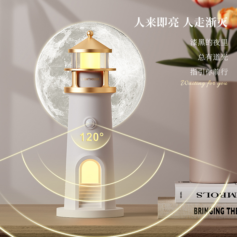 Luz de proyector de faro de luz de luna transfronteriza, luz de noche de atmósfera, control remoto Bluetooth, sensor de cuerpo humano, decoración de escritorio creativa, lámpara de mesa pequeña