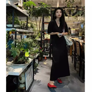 H23655气质v领短袖长裙子2023夏季新款法式御姐宽松显瘦连衣裙女