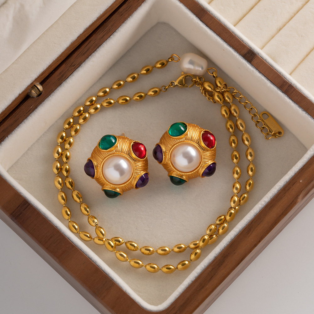 Vintage Style Geometric Copper Inlay Artificial Pearls Ear Studs 1 Pair