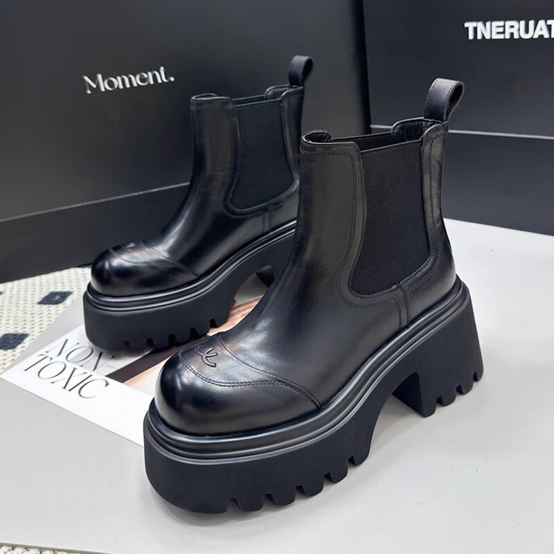 [Ready Stock] A5317-A1 Soft Leather Niche Chelsea Short Boots for Women Thick-Soled High Heels Slimming Look Thick Heel Chimney Boots