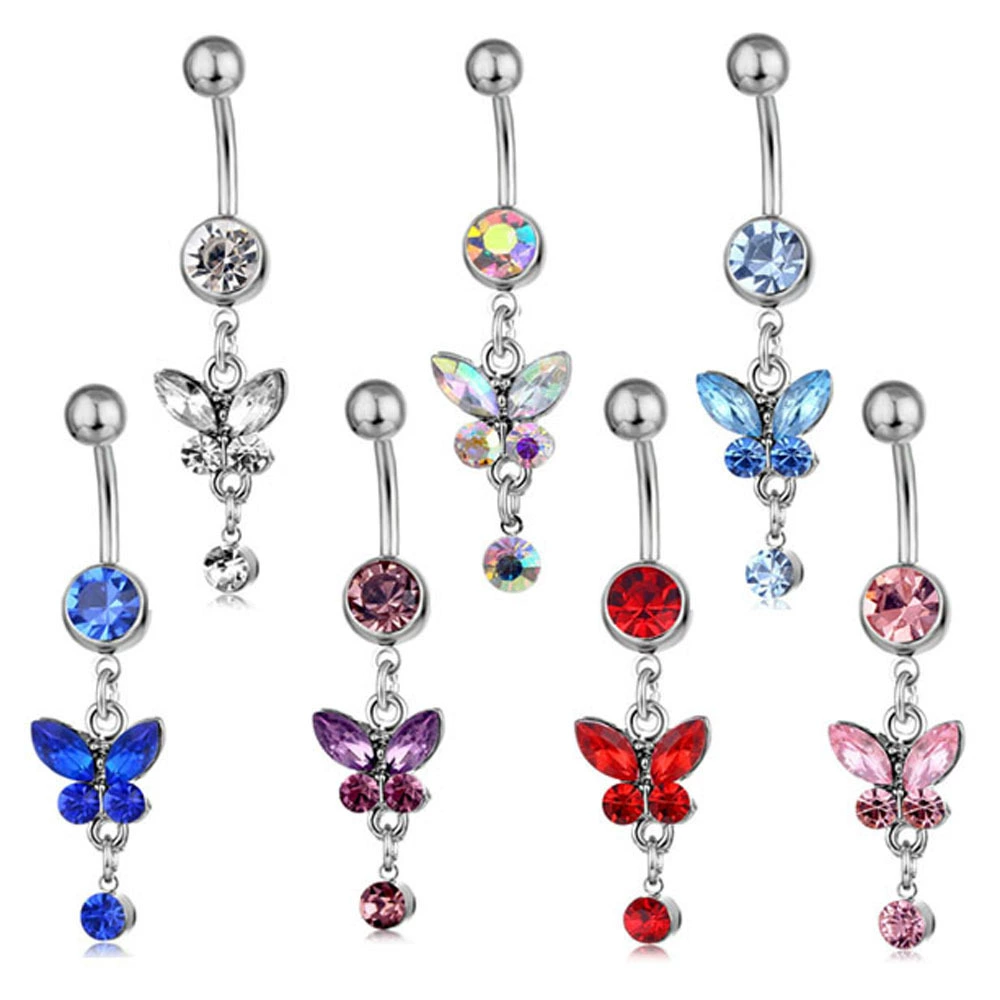 Belly Button Piercing Barbell, Surgical Steel, 5 mm Ring with 1.6×11 mm Curved Bar, Colored Stones
