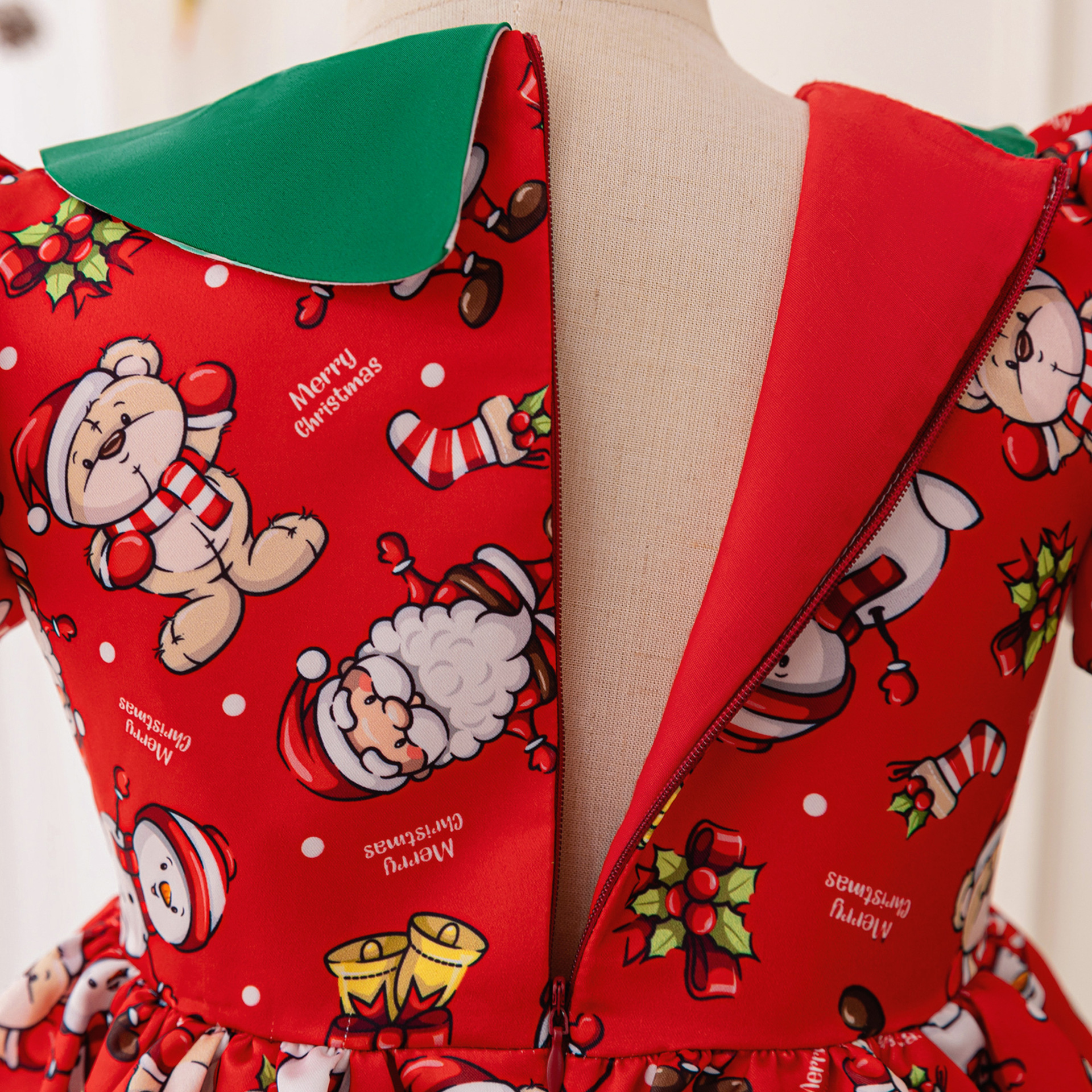 Navidad transfronteriza nueva falda de burbuja manga satén rojo verde vestido de moda vestido de princesa infantil